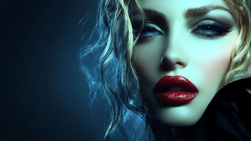 Smoldering blue gaze and crimson lips in moody light.