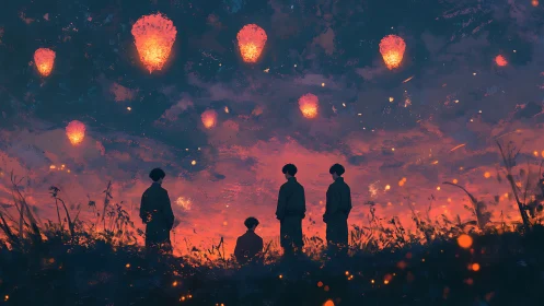 Silhouetted figures observe floating lanterns in a vivid twilight sky