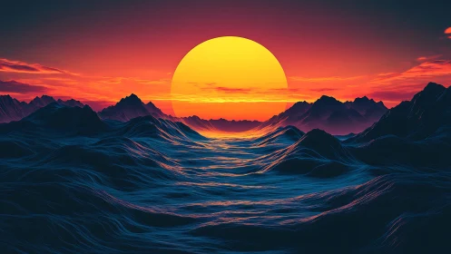 Vivid digital sunset over stylized mountains and waves.