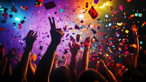 Crowd celebrating under bright confetti and stage lights.