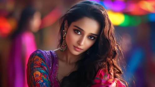Portrait of a young woman amid vibrant festival lights