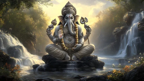 Serene Ganesha statue meditates peacefully by soft waterfalls