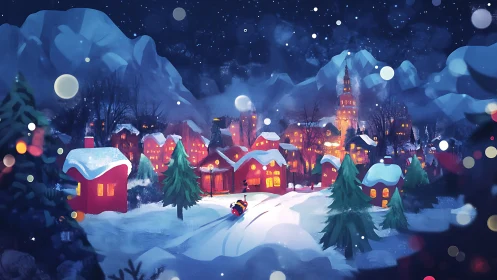 Snowlit alpine village with glowing winter night lights.
