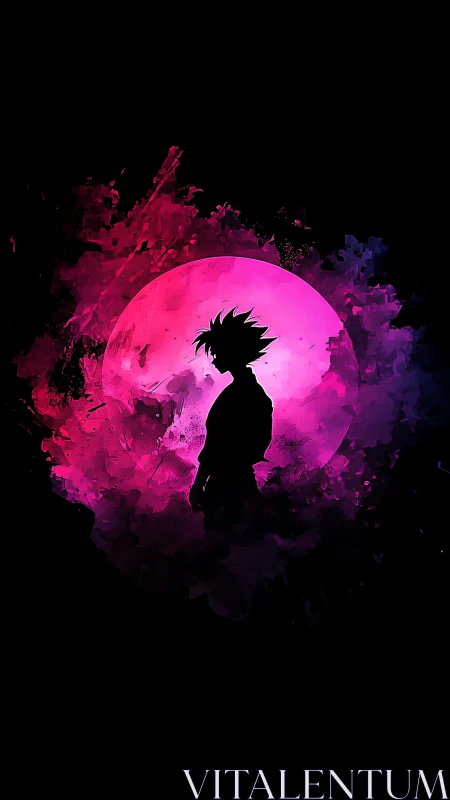 Silhouetted warrior stands before neon magenta energy moon.