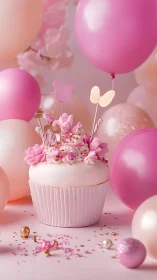 Whimsical Pink Celebration Cupcake Surrounded by Levitating Balloons