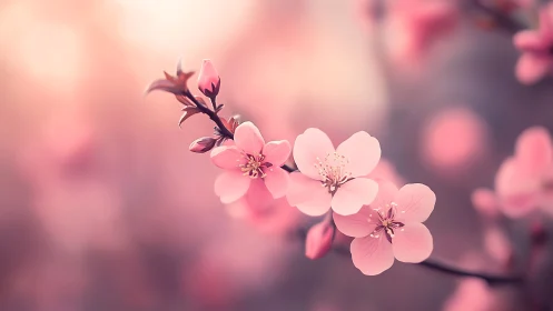 Delicate Cherry Blossoms Blooming in Soft Pink Light.