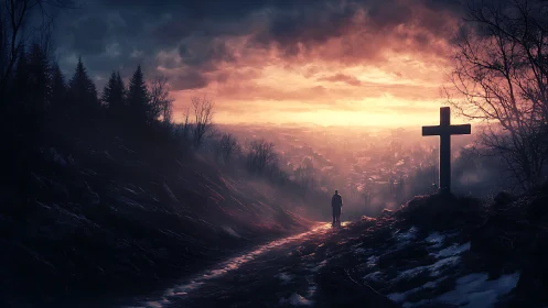 Solitary figure on misted hilltop path at fiery dusk.