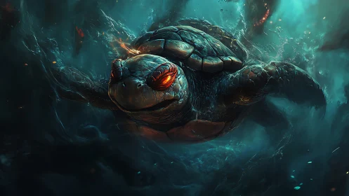 Armored sea turtle with glowing eyes in dark ocean depth.