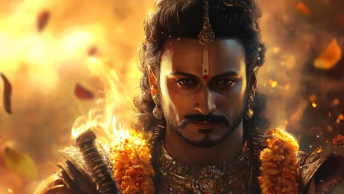 Warrior prince in ornate armor with glowing firelight backdrop.