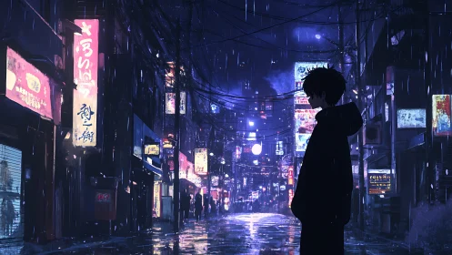 Solitary figure walks through neon city streets in rain-soaked night