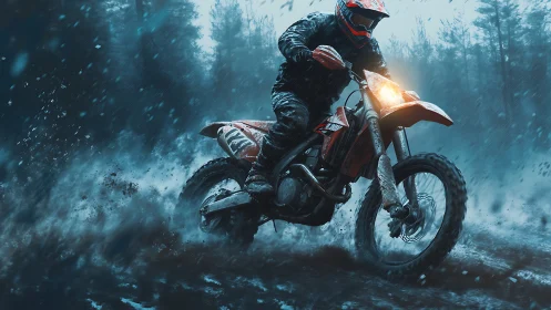 Motocross rider powers through stormy forest mud trail.