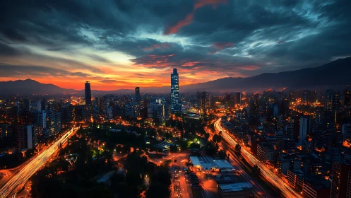 Sunset-lit skyline glows above winding city traffic arteries.