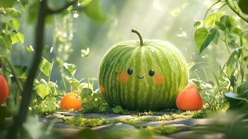 Cute cartoon watermelon character in sunny garden scene.