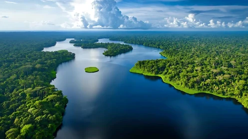 Wide tropical river bends through dense green rainforest.