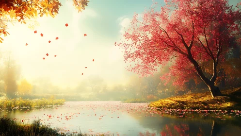 Backlit autumn lake scene with red foliage and atmospheric haze