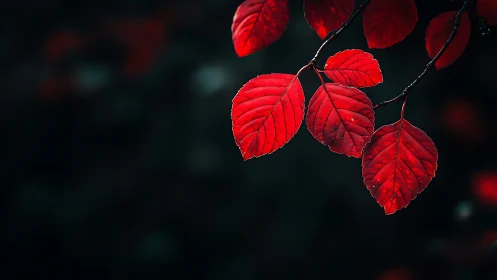 Close-up of vibrant red autumn leaves on branch, moody background.