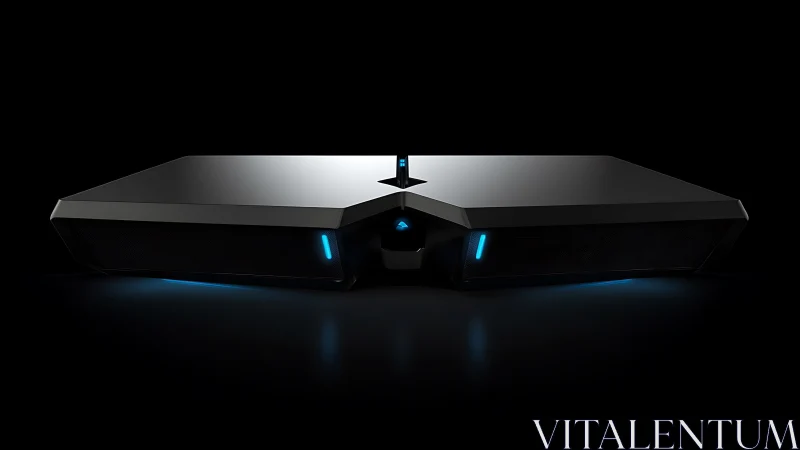 Sleek black gaming console with blue LED edge lighting.