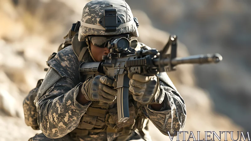 Steady soldier in focus, calm precision on rocky terrain.