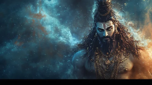 Cosmic warrior cloaked in starlight and swirling nebulae.