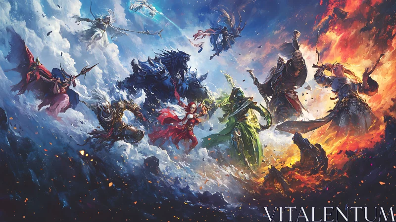 Elemental fantasy warriors clash across cloud, fire and storm fields