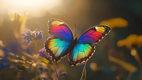 Rainbow butterfly glows over wildflower meadow at sunset.