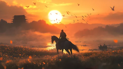 Rider at sunrise beside misty river and distant pagoda.