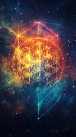 Celestial flower-of-life mandala amid glowing nebulae.