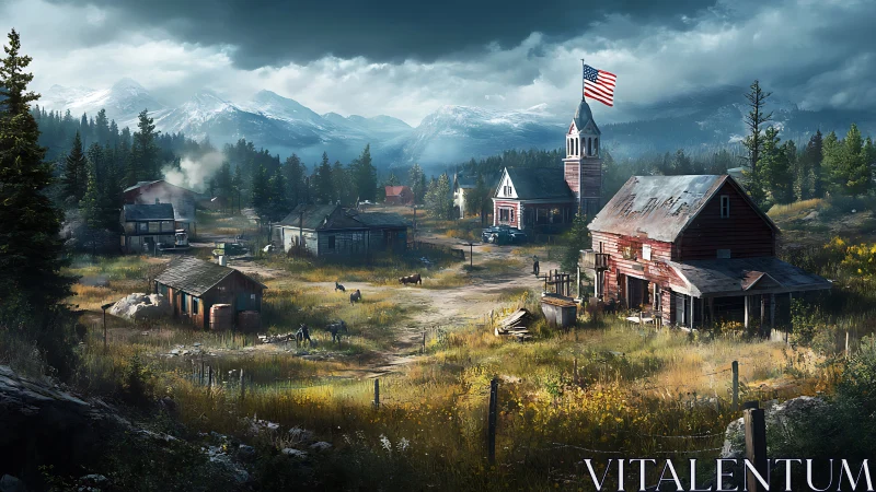 Storm-brewed mountain hamlet under a weary American flag.