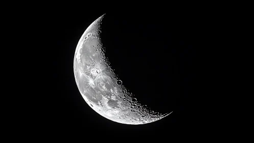 Crescent moon close-up with sharp crater detail in space.