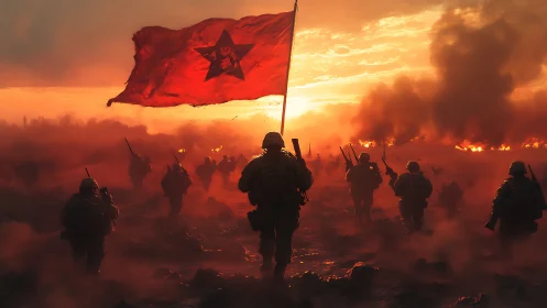 Crimson war banner charging into a fire-soaked horizon.