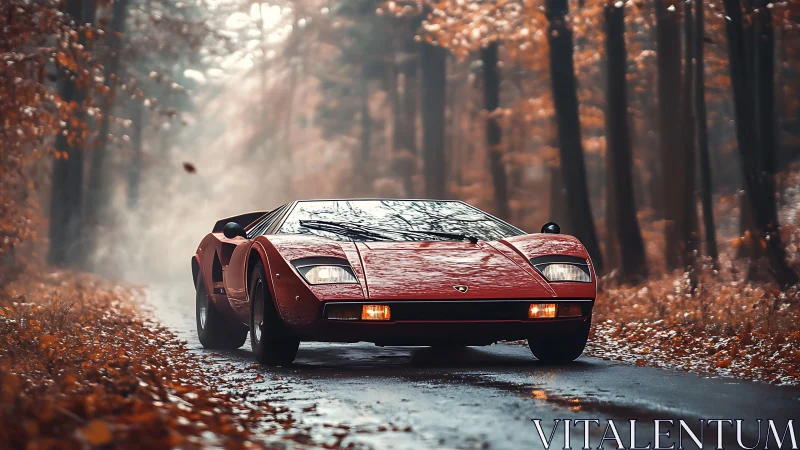 Classic red supercar cuts through misty autumn forest road