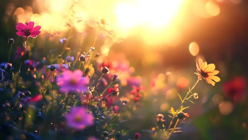 Sunset Garden Blooms. Golden Hour Wildflowers Backlighting.