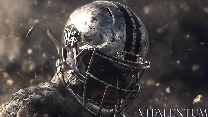 Steel-clad gladiator glares through swirling stadium dust