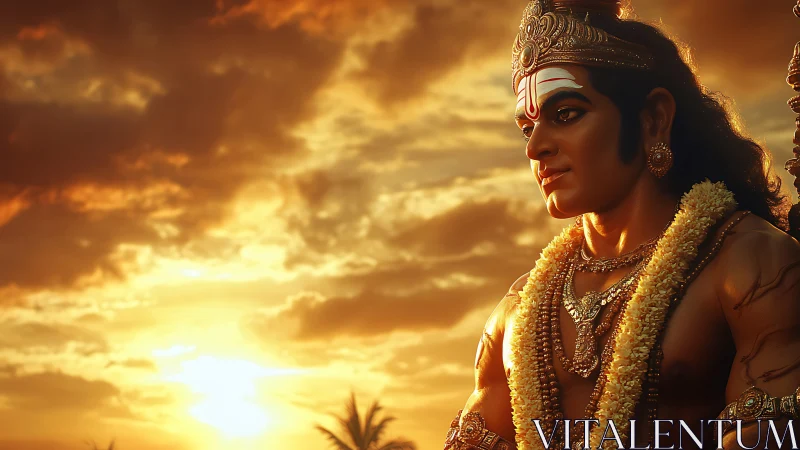 Divine warrior sculpture in golden hour dramatic backlight