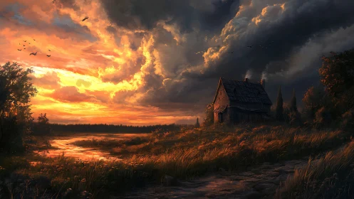 Rural house beside river under dense sunset clouds.