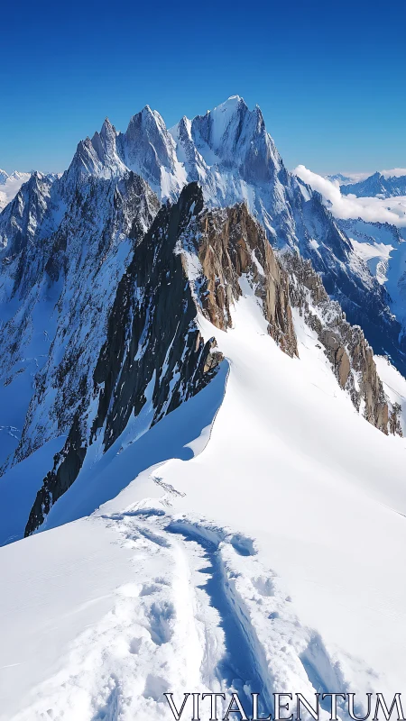 Snow ridge leading toward jagged alpine summit range.