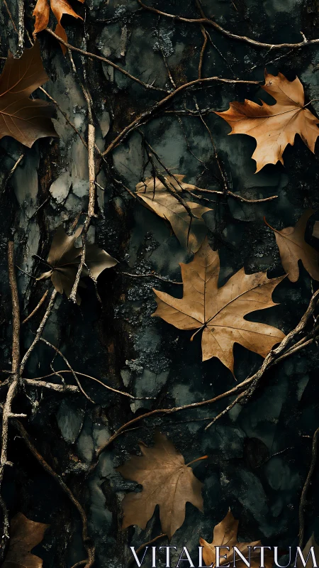 Dry brown maple leaves scattered on dark forest ground.