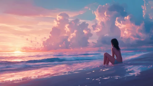 Sunset dreamer resting in cotton candy cloud seascape.