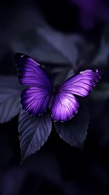 Purple butterfly rests on dark leaves under soft light