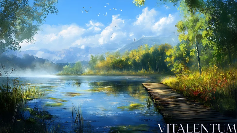 Quiet lakeside boardwalk under bright blue sky at dawn.