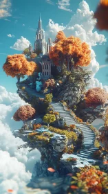 Floating autumn castle rises above clouds in radiant calm