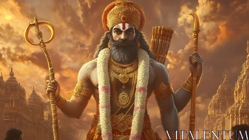 Warrior deity stands armored amid temple city sunset glow