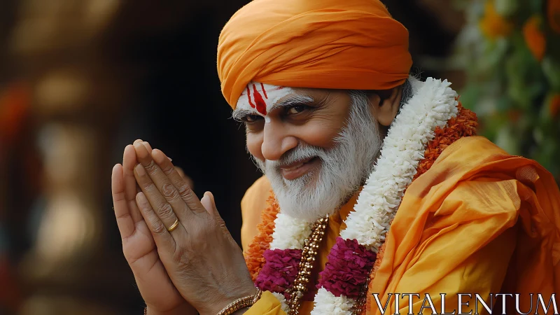 Elderly Hindu guru in saffron robes with folded hands portrait.