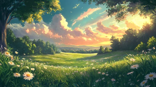 Sunlit meadow landscape with distant hills and clouds.