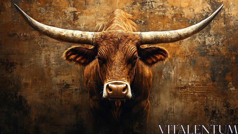 Longhorn bull portrait against textured rustic wall.