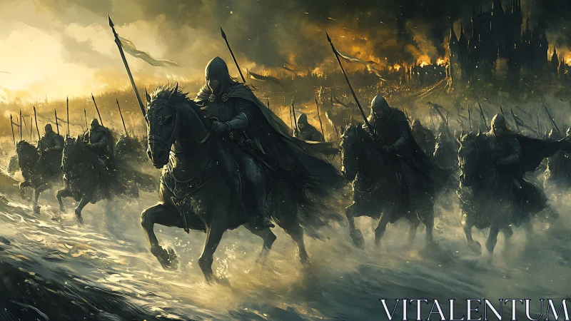 Armored cavalry charge through incendiary siegefront haze.