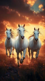 Three white horses run toward camera under vivid sunset sky