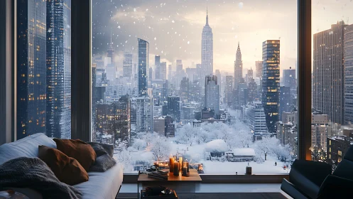 Cozy winter city loft overlooking a softly glowing skyline.