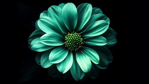 Turquoise Cosmos Flower With Vibrant Yellow Stamens Against Black Background.