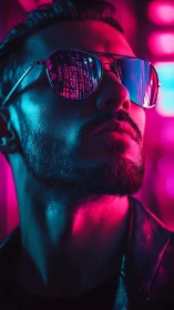 Male portrait with neon reflections on aviator sunglasses.
